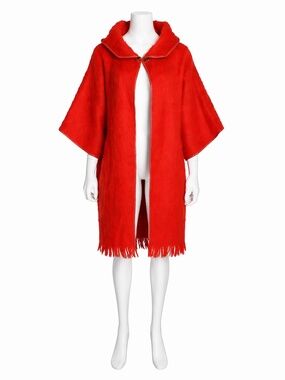Bonnie Cashin for Sills Coat Kimono Sleeve Mohair Wool Hooded Leather Trim 60s